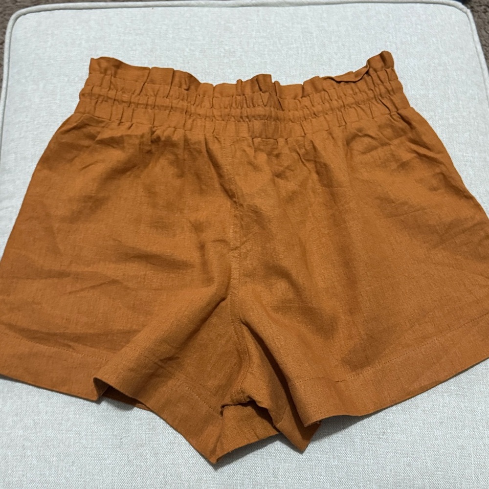a new day Brand Linen blend PaperBag High Waisted Shorts-Sz M-Rusty Orange/Brown - Picture 10 of 12